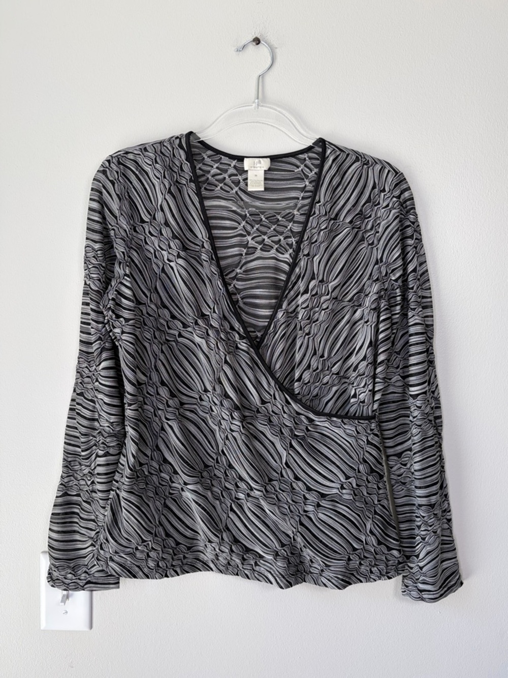 J. Jill Semi-Sheer Patterned Surplice Faux Wrap Top Y2K Inspired Stretch